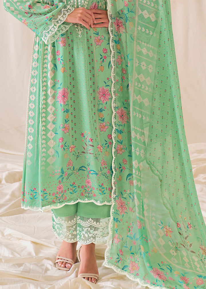 Cool Green Muslin Digital Print Suit with Dori Work on Neck, Sleeves, and Hemline