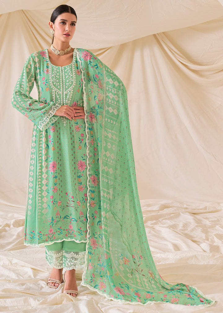 Cool Green Muslin Digital Print Suit with Dori Work on Neck, Sleeves, and Hemline