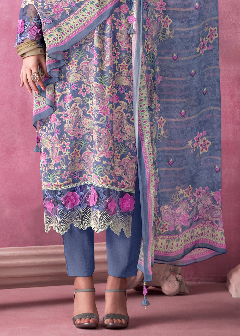 Steel Blue Digital Print Muslin Suit with 3D Embellishments and Scalloped Borders