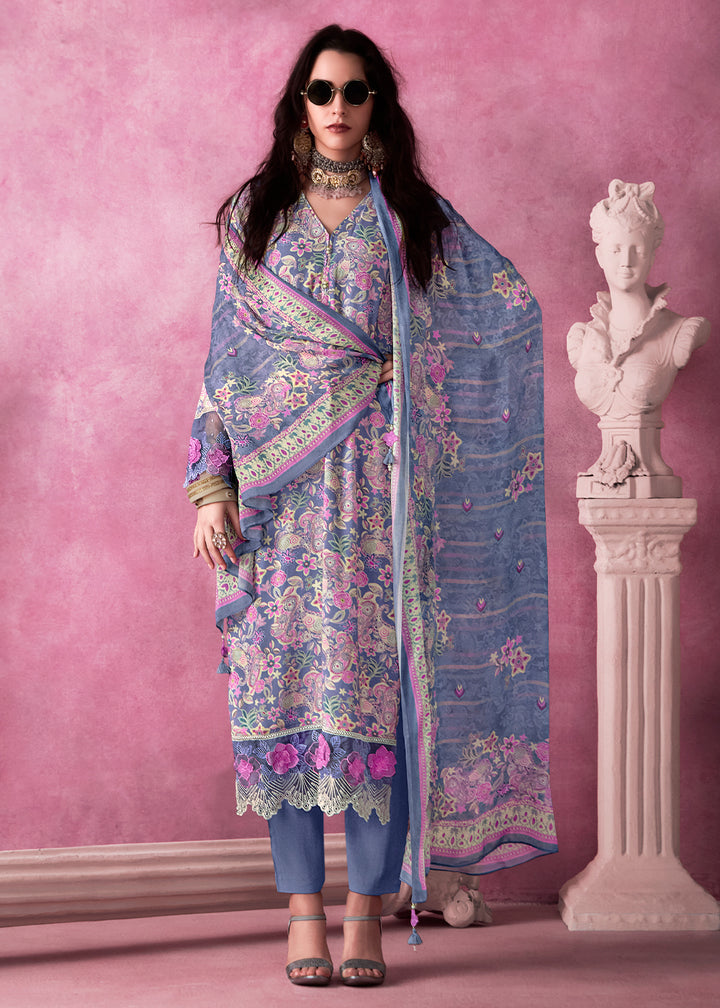 Steel Blue Digital Print Muslin Suit with 3D Embellishments and Scalloped Borders