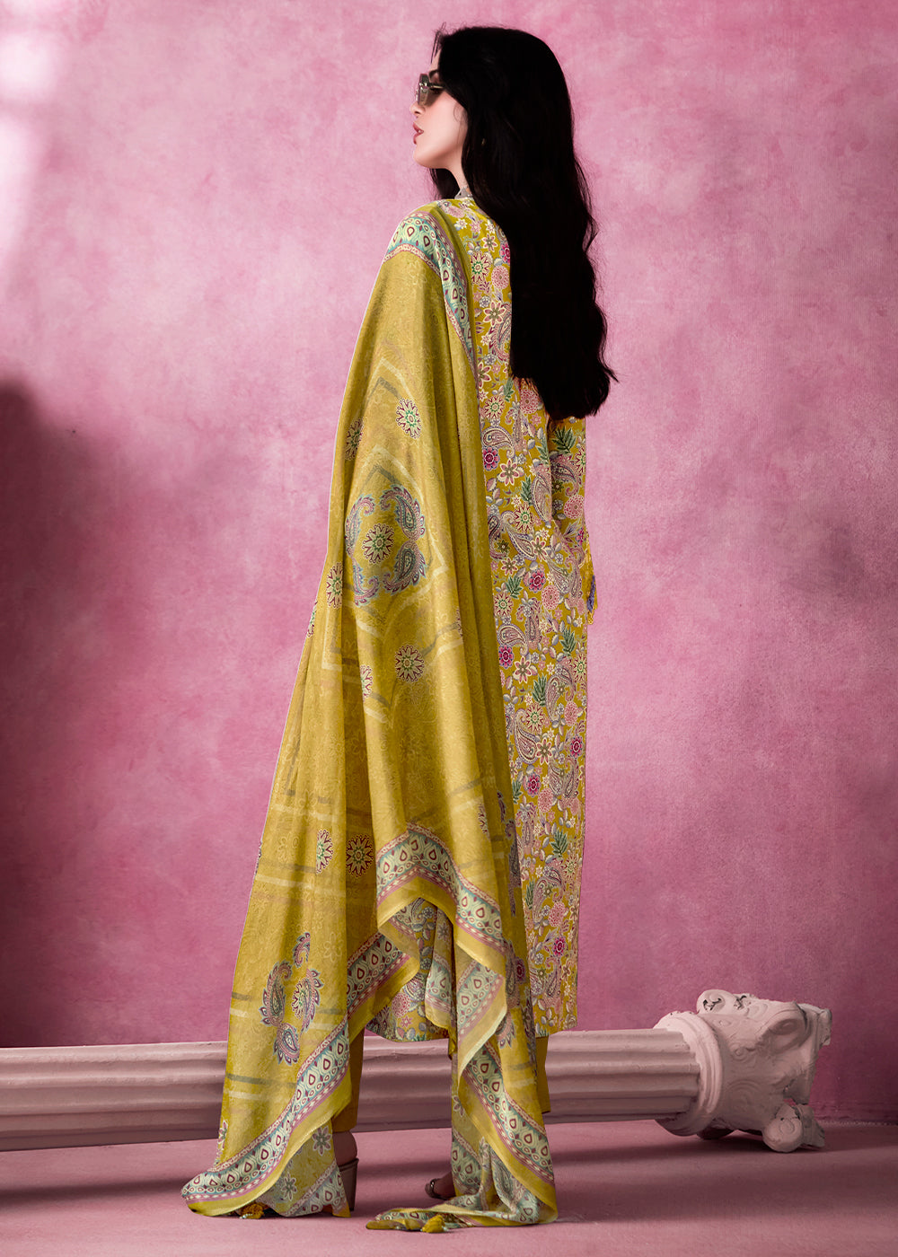 Mustard Yellow Digital Print Muslin Suit with 3D Embellishments and Scalloped Borders