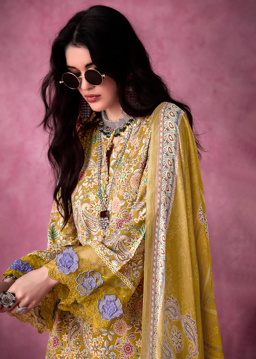 Mustard Yellow Digital Print Muslin Suit with 3D Embellishments and Scalloped Borders