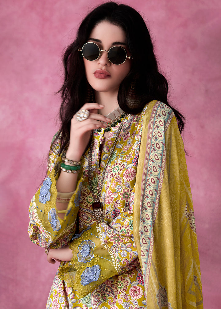 Mustard Yellow Digital Print Muslin Suit with 3D Embellishments and Scalloped Borders