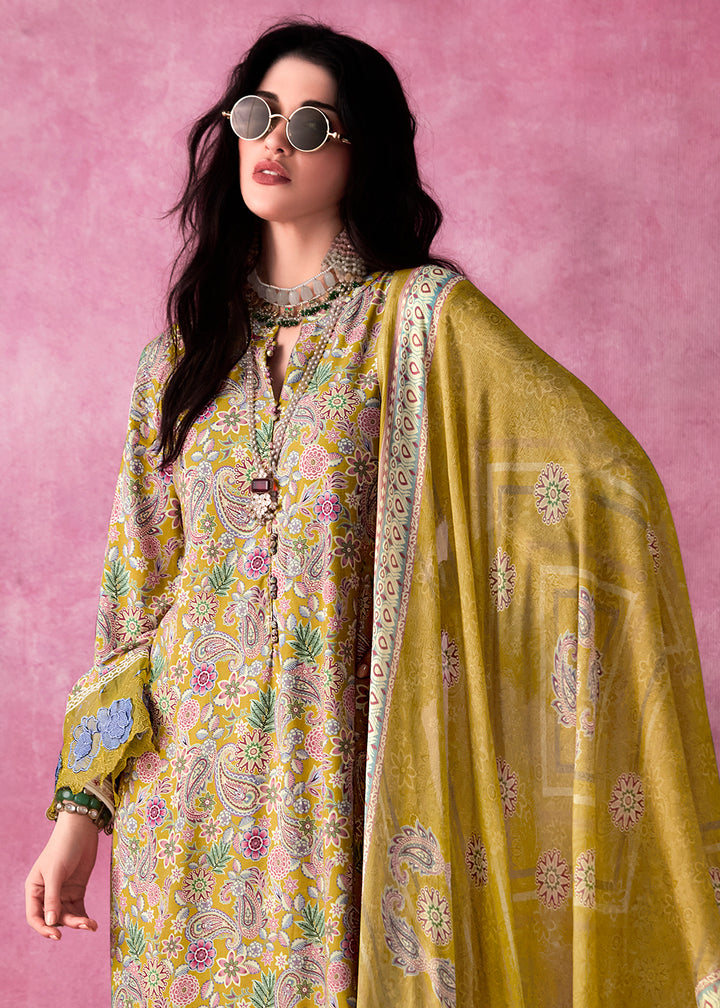 Mustard Yellow Digital Print Muslin Suit with 3D Embellishments and Scalloped Borders