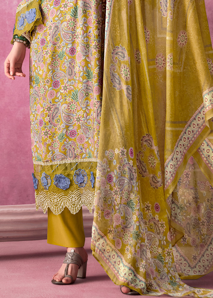 Mustard Yellow Digital Print Muslin Suit with 3D Embellishments and Scalloped Borders