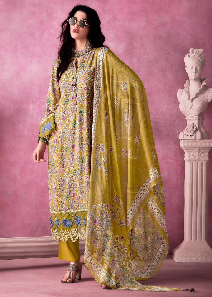 Mustard Yellow Digital Print Muslin Suit with 3D Embellishments and Scalloped Borders