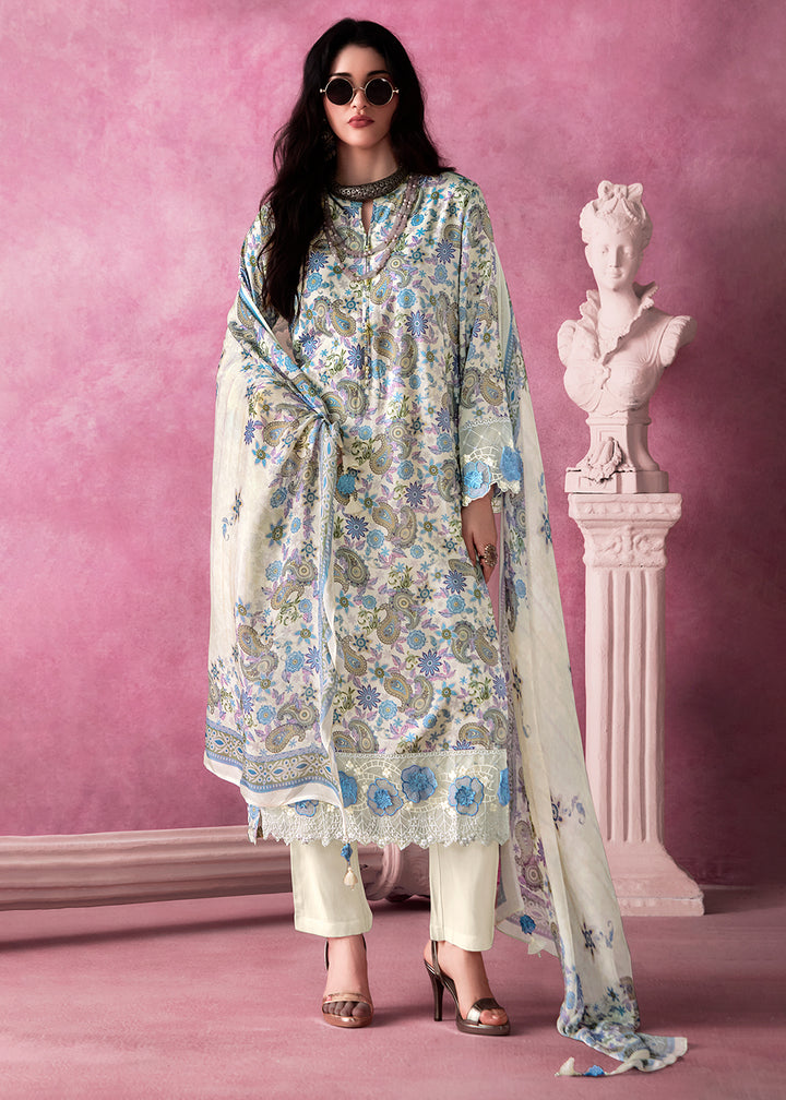 Parchment White Digital Print Muslin Suit with 3D Embellishments and Scalloped Borders