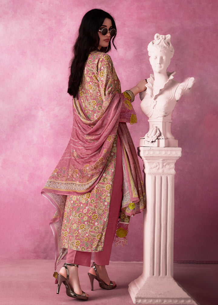 Pinkish Purple Digital Print Muslin Suit with 3D Embellishments and Scalloped Borders