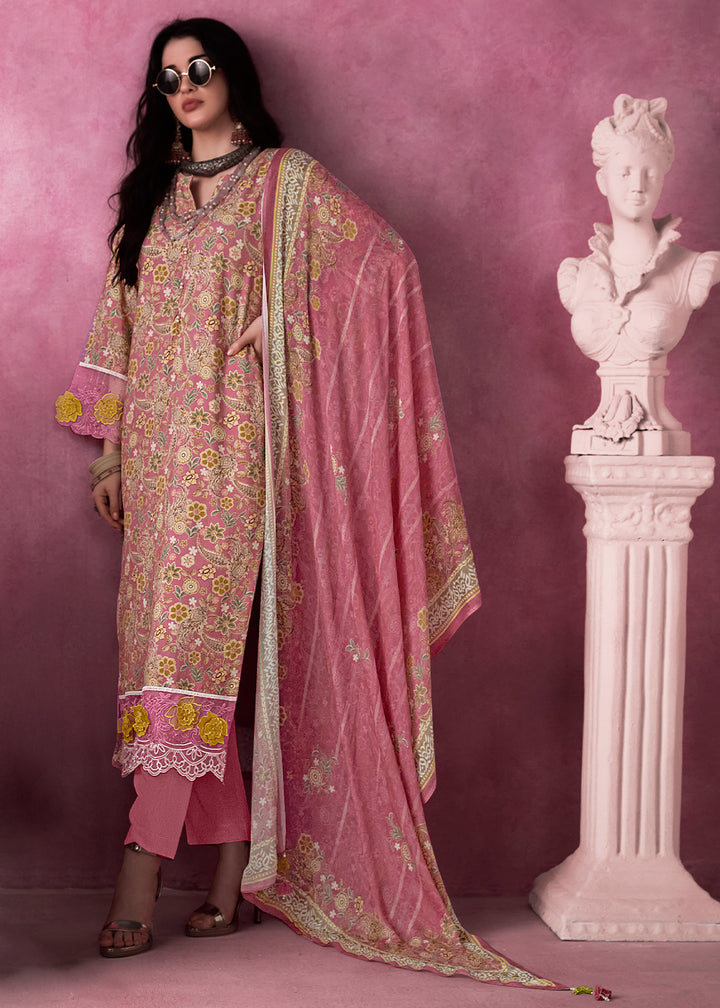 Pinkish Purple Digital Print Muslin Suit with 3D Embellishments and Scalloped Borders