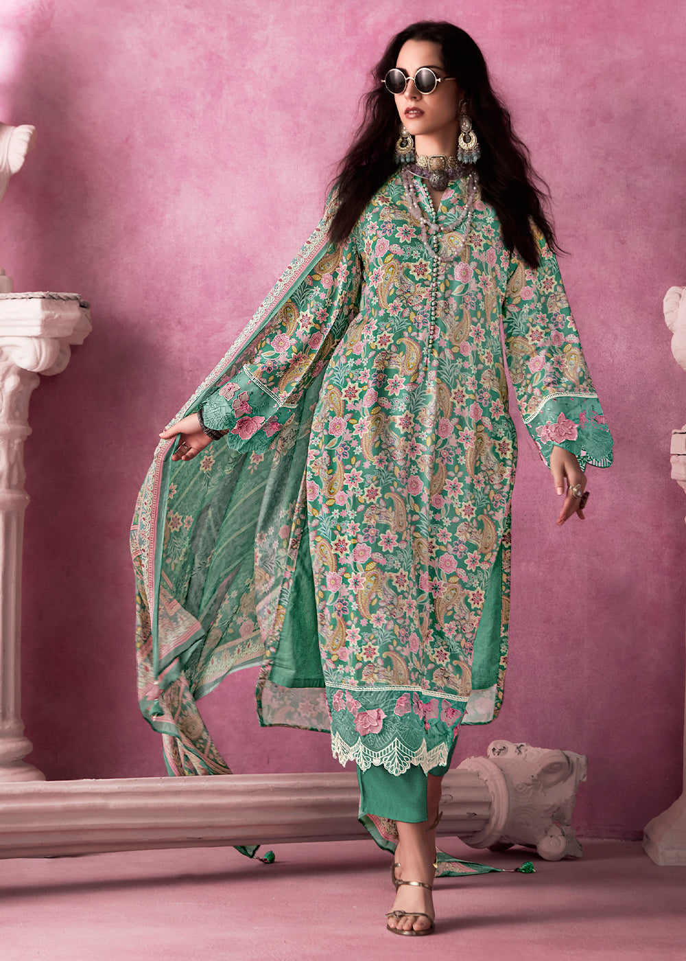 Sea Green Digital Print Muslin Suit with 3D Embellishments and Scalloped Borders