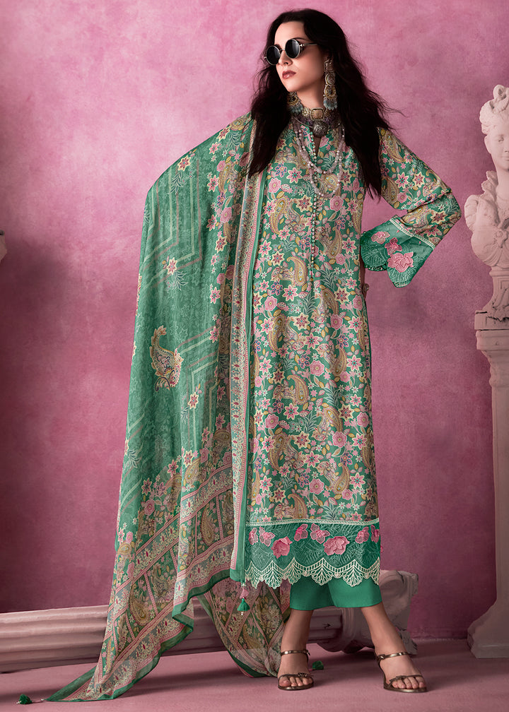 Sea Green Digital Print Muslin Suit with 3D Embellishments and Scalloped Borders