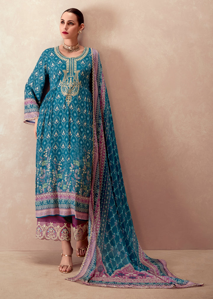 Ocean Blue Muslin Digital Print Suit with Dori Work on Neck, Sleeves, and Hemline