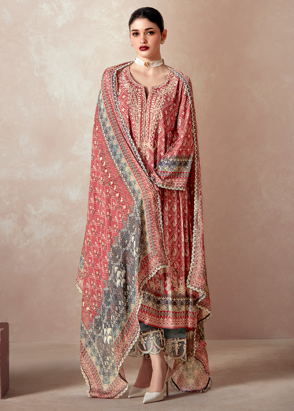 Persian Red Muslin Digital Print Suit with Dori Work on Neck, Sleeves, and Hemline