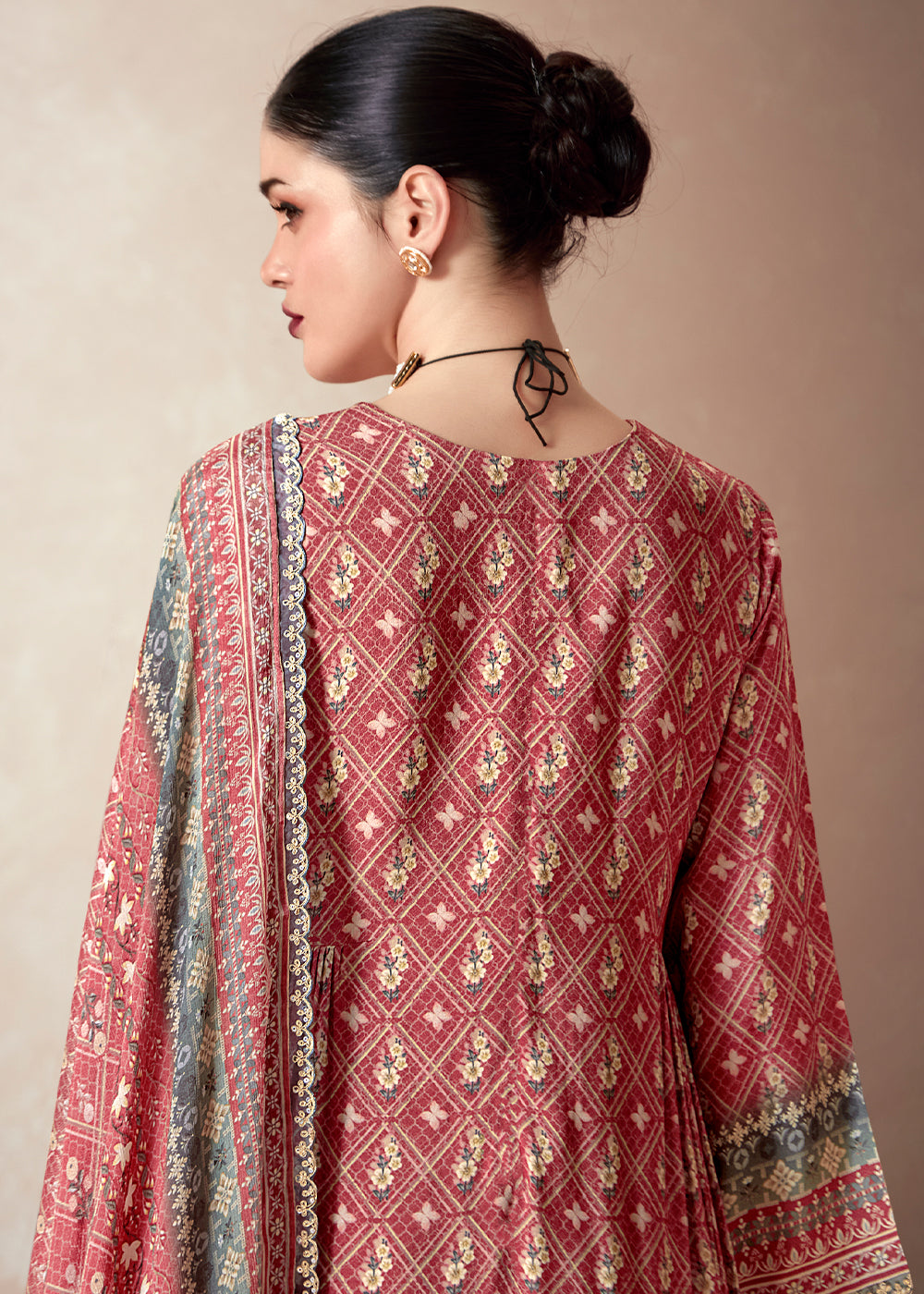 Persian Red Muslin Digital Print Suit with Dori Work on Neck, Sleeves, and Hemline