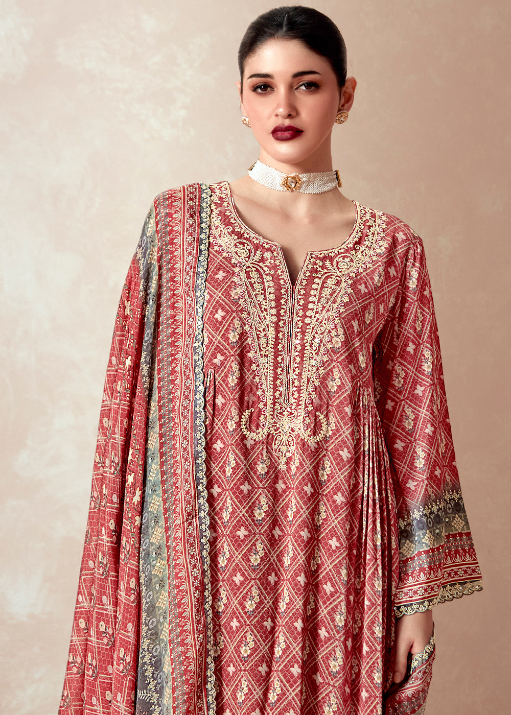 Persian Red Muslin Digital Print Suit with Dori Work on Neck, Sleeves, and Hemline