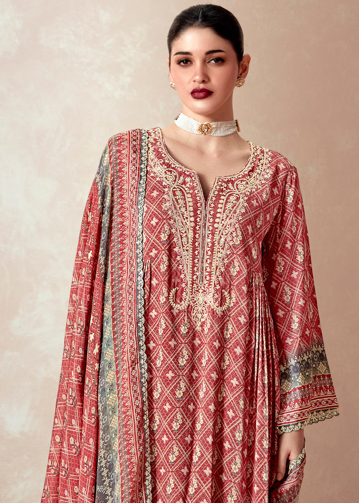 Persian Red Muslin Digital Print Suit with Dori Work on Neck, Sleeves, and Hemline