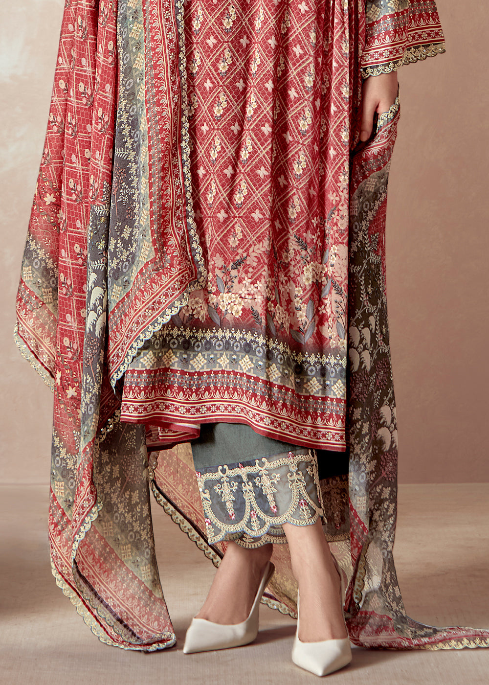 Persian Red Muslin Digital Print Suit with Dori Work on Neck, Sleeves, and Hemline