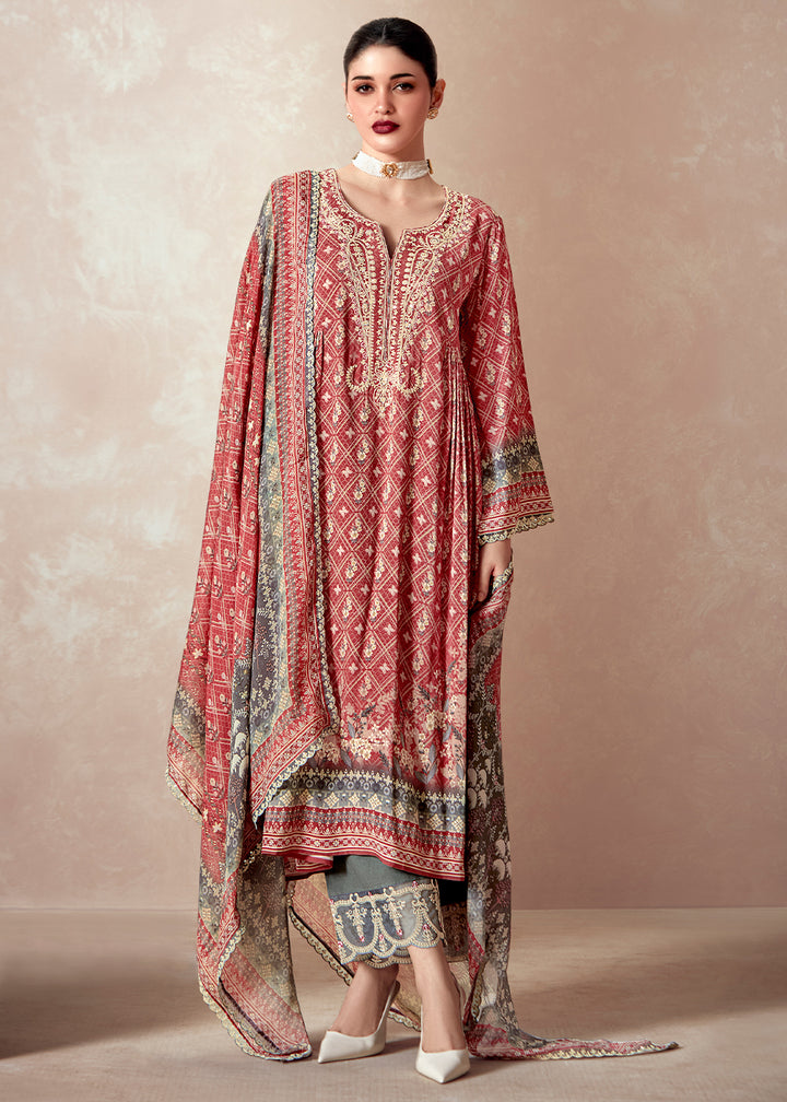 Persian Red Muslin Digital Print Suit with Dori Work on Neck, Sleeves, and Hemline