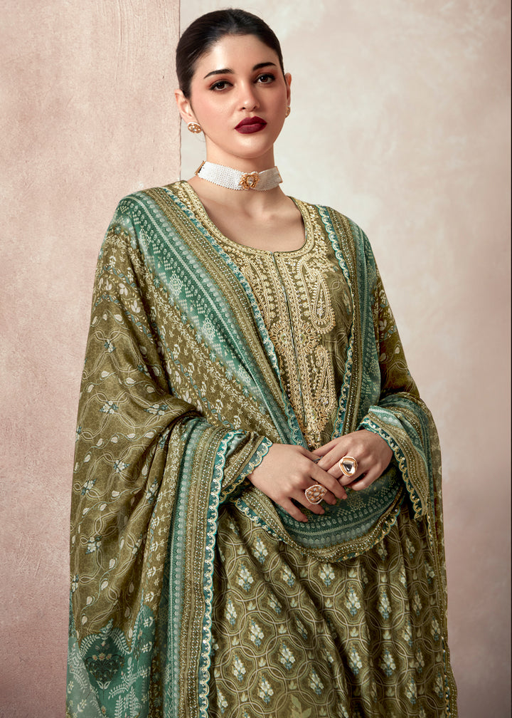 Olive Green Muslin Digital Print Suit with Dori Work on Neck, Sleeves, and Hemline