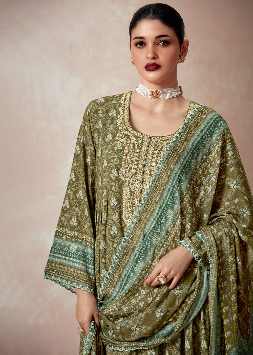 Olive Green Muslin Digital Print Suit with Dori Work on Neck, Sleeves, and Hemline