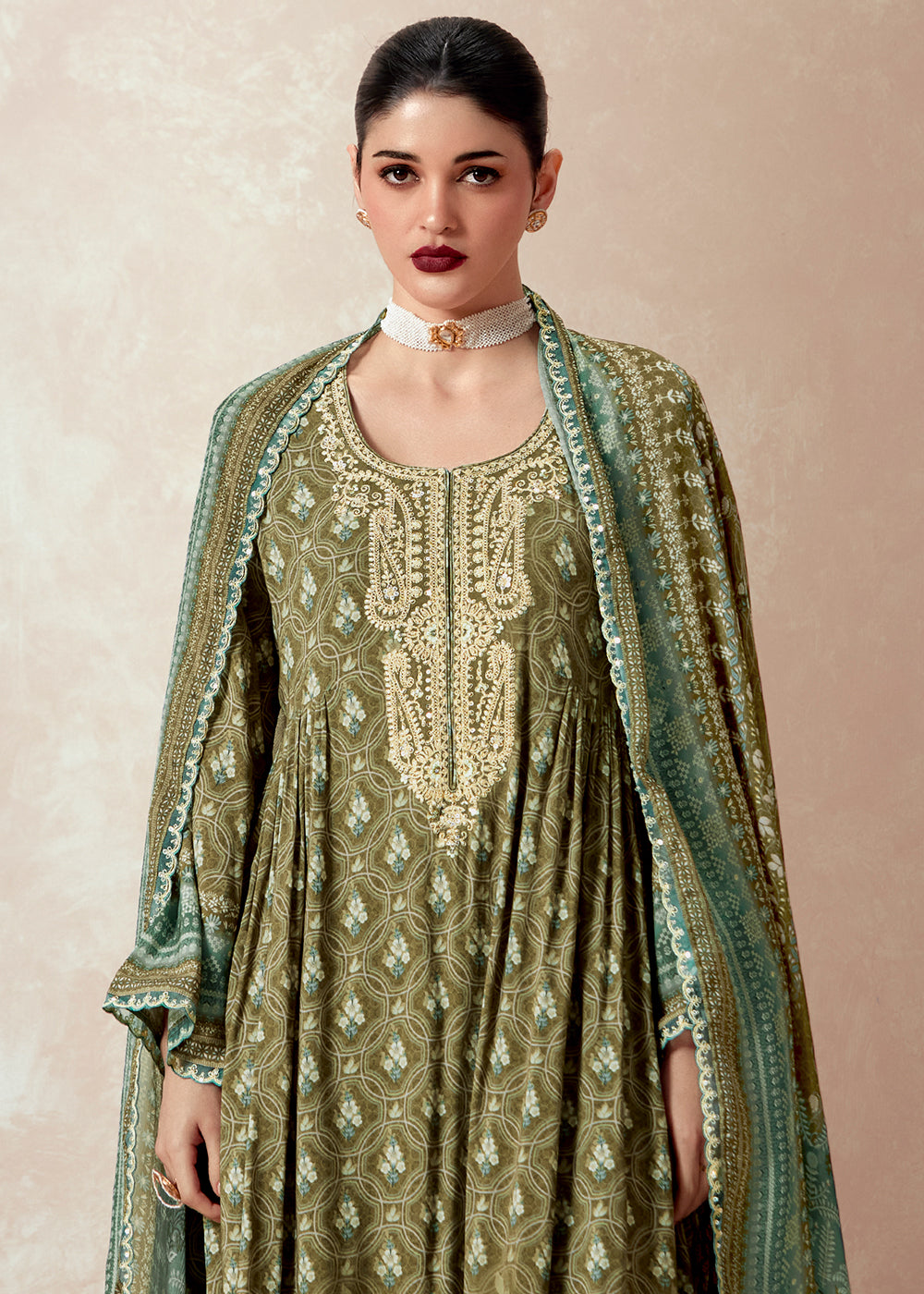 Olive Green Muslin Digital Print Suit with Dori Work on Neck, Sleeves, and Hemline