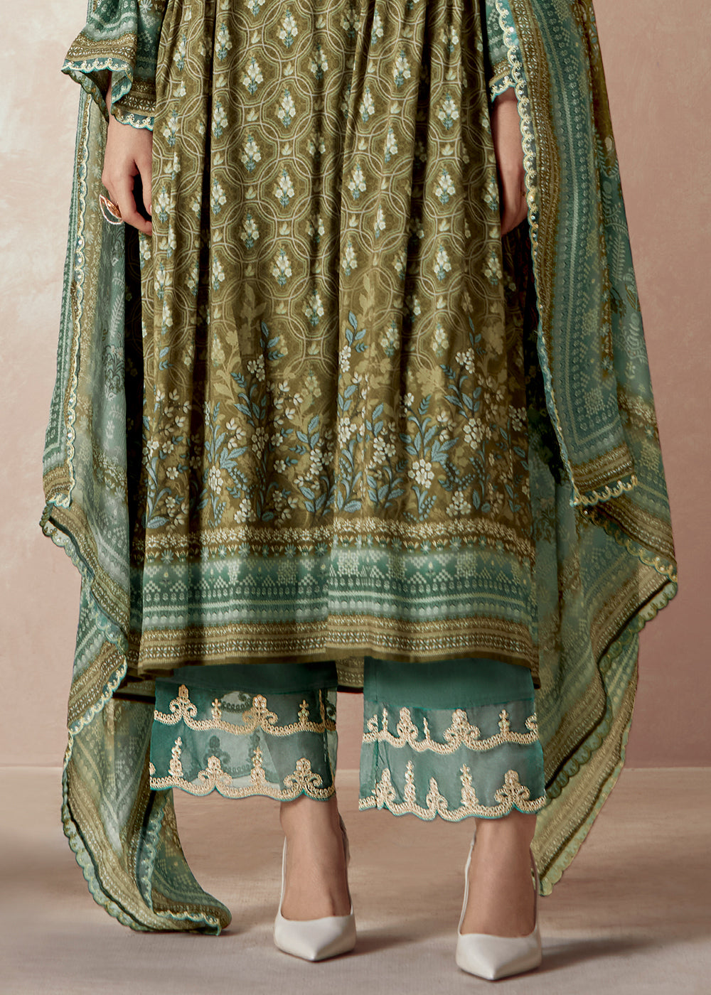 Olive Green Muslin Digital Print Suit with Dori Work on Neck, Sleeves, and Hemline