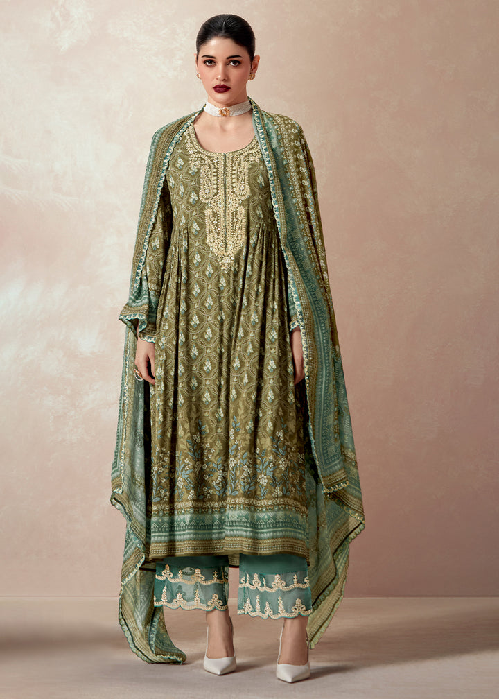 Olive Green Muslin Digital Print Suit with Dori Work on Neck, Sleeves, and Hemline