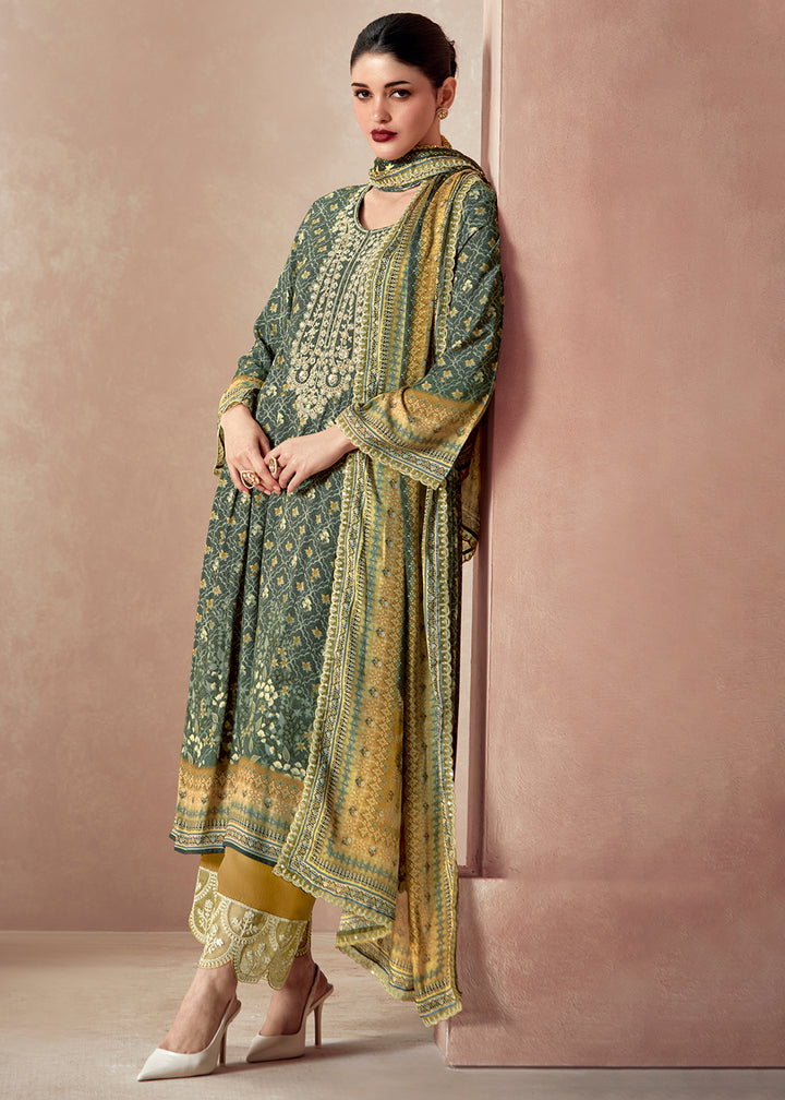 Hunter Green Muslin Digital Print Suit with Dori Work on Neck, Sleeves, and Hemline