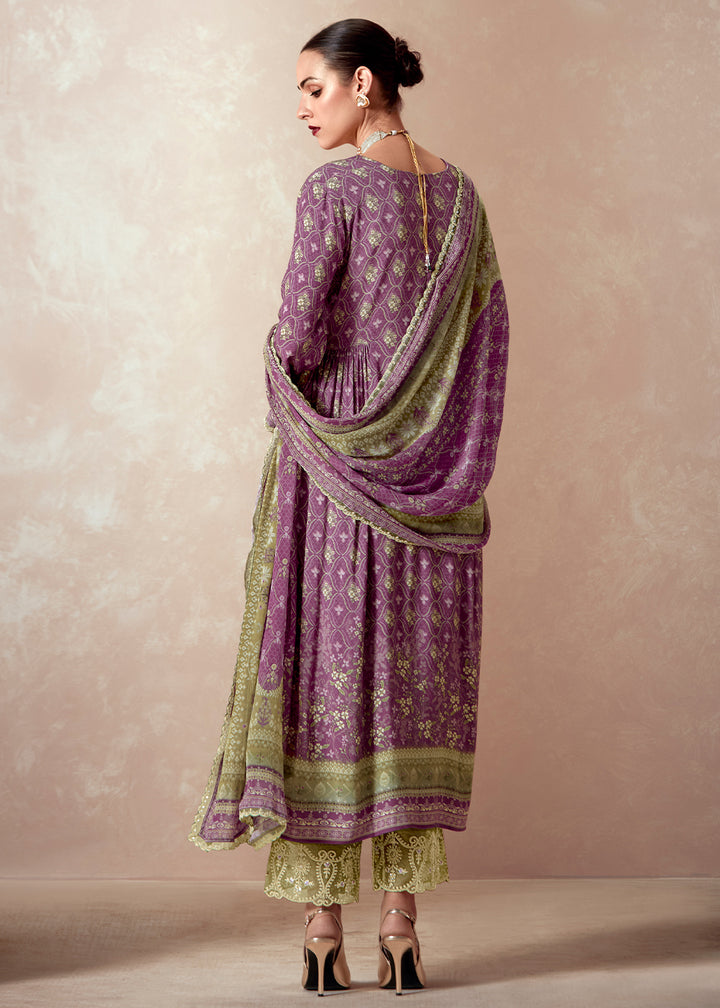 Orchid Purple Muslin Digital Print Suit with Dori Work on Neck, Sleeves, and Hemline