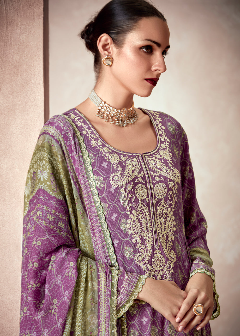 Orchid Purple Muslin Digital Print Suit with Dori Work on Neck, Sleeves, and Hemline