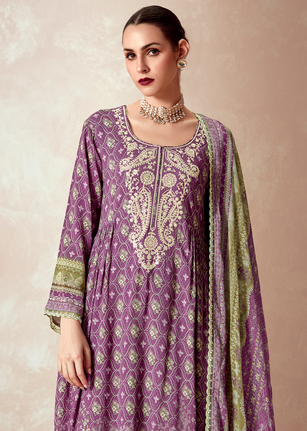 Orchid Purple Muslin Digital Print Suit with Dori Work on Neck, Sleeves, and Hemline