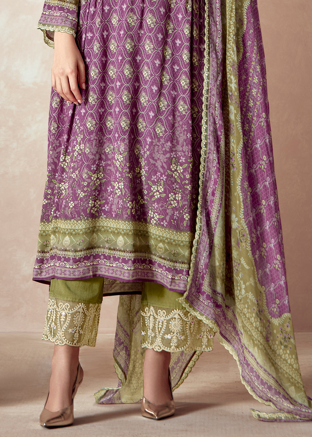 Orchid Purple Muslin Digital Print Suit with Dori Work on Neck, Sleeves, and Hemline