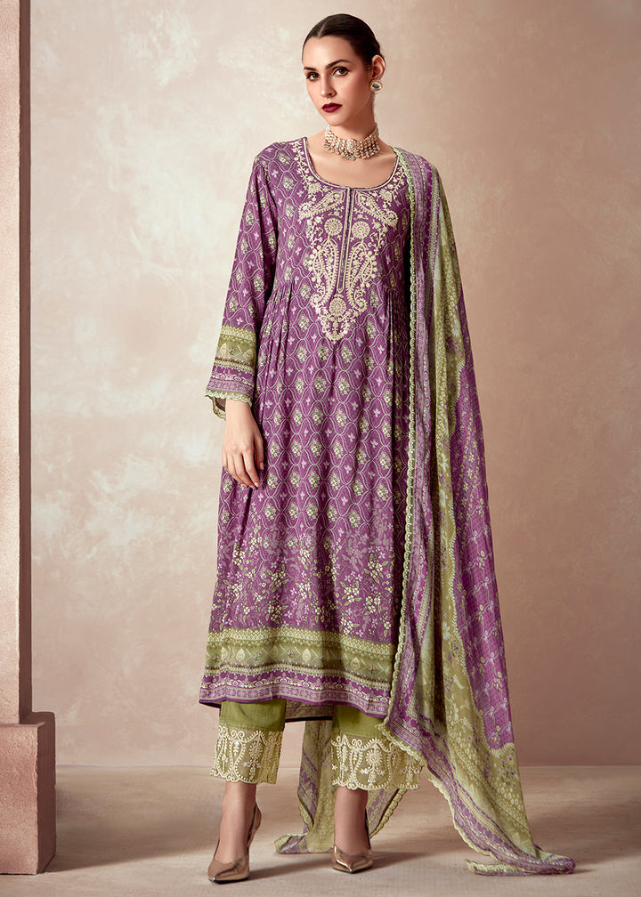 Orchid Purple Muslin Digital Print Suit with Dori Work on Neck, Sleeves, and Hemline