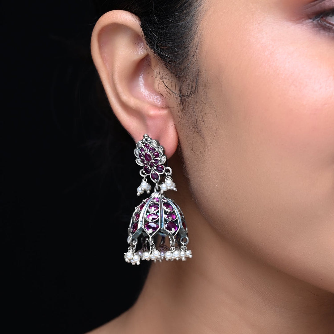 Manjari Silver Oxidised Ruby Jhumka