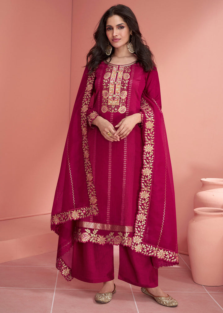 Cerise Pink Embroidered Silk Salwar Suit