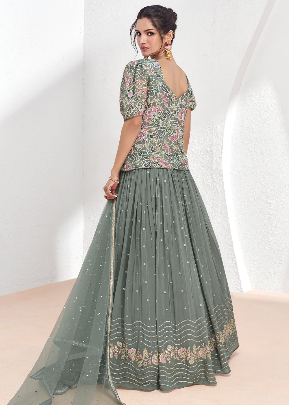 Seal Grey Embroidered Georgette Top & Skirt Set with Dupatta