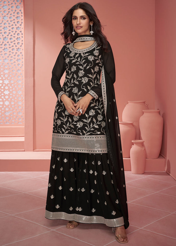 Onyx Black Floral Embroidered Georgette Plazzo Suit