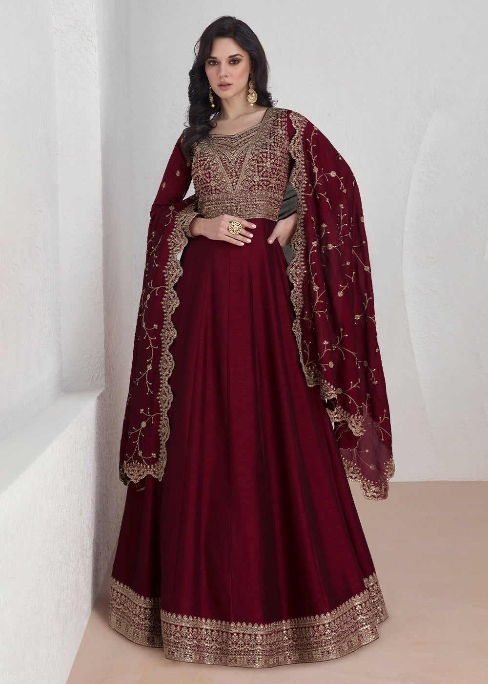 Mahogany Red Silk Anarkali Suit with Embroidery work