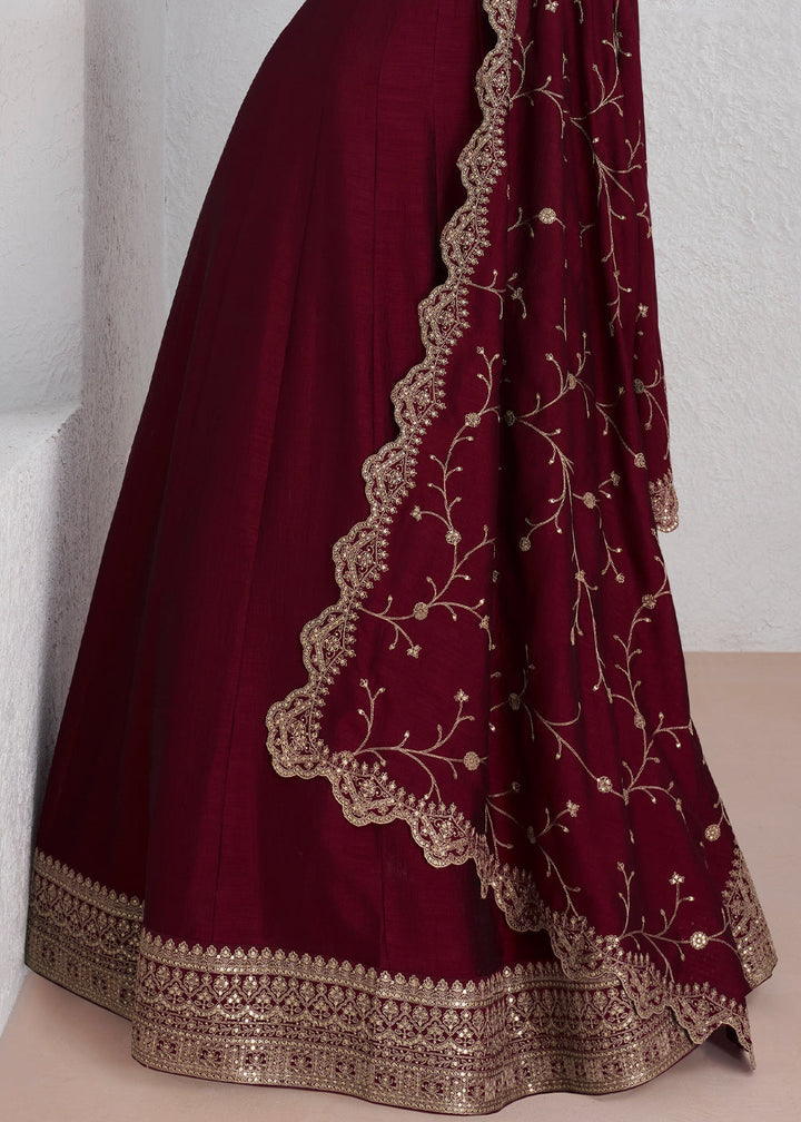 Mahogany Red Silk Anarkali Suit with Embroidery work