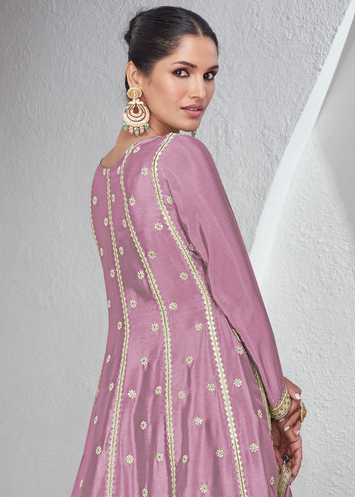 Helio Purple Chinon Silk Plazzo Suit with Beautiful Embroidery work