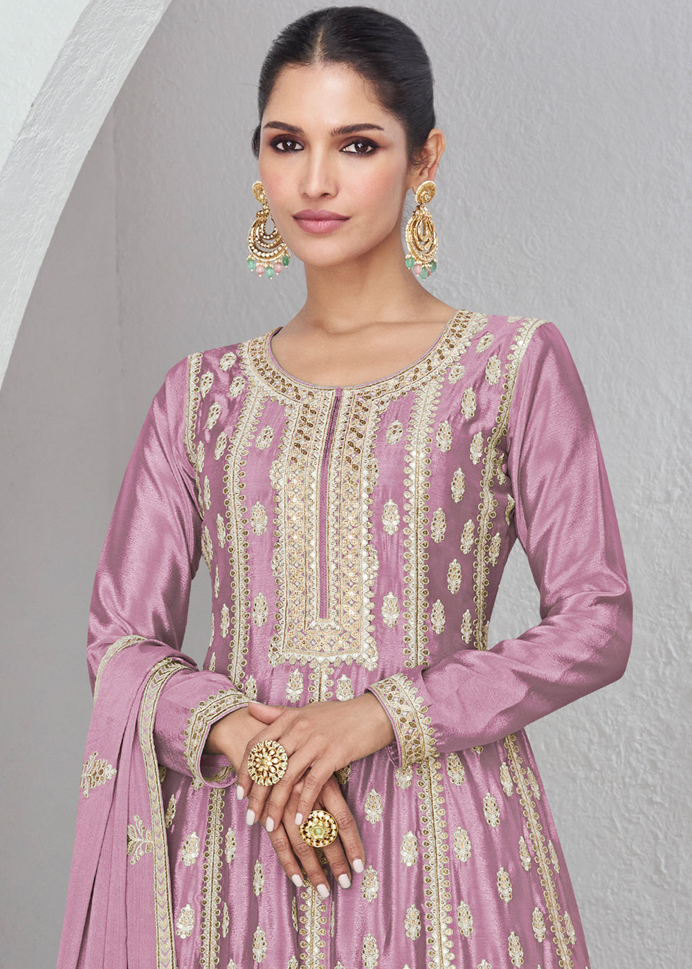 Helio Purple Chinon Silk Plazzo Suit with Beautiful Embroidery work