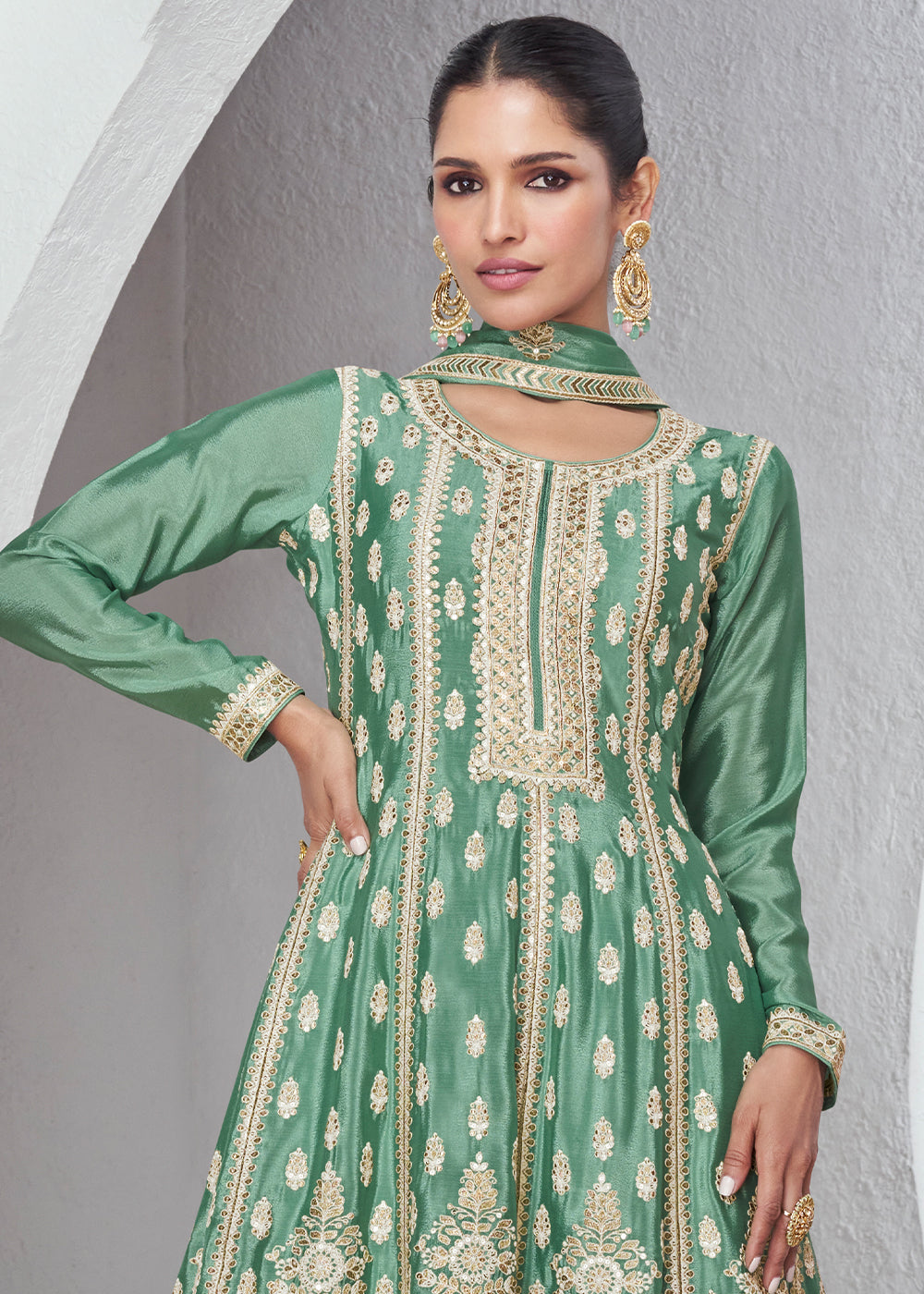 Aquamarine Green Chinon Silk Plazzo Suit with Beautiful Embroidery work