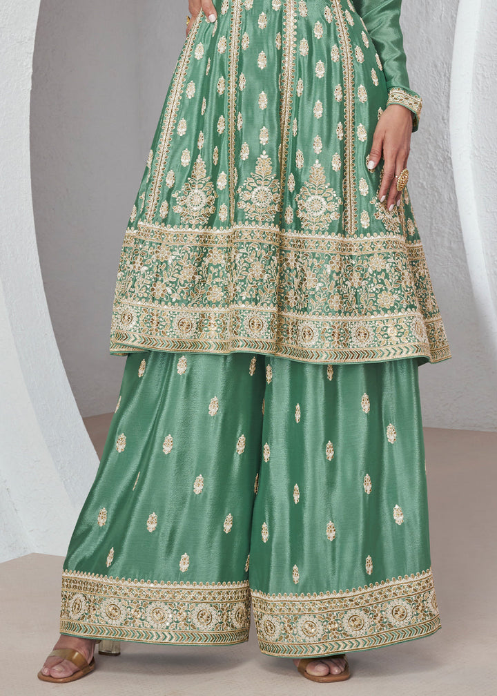 Aquamarine Green Chinon Silk Plazzo Suit with Beautiful Embroidery work