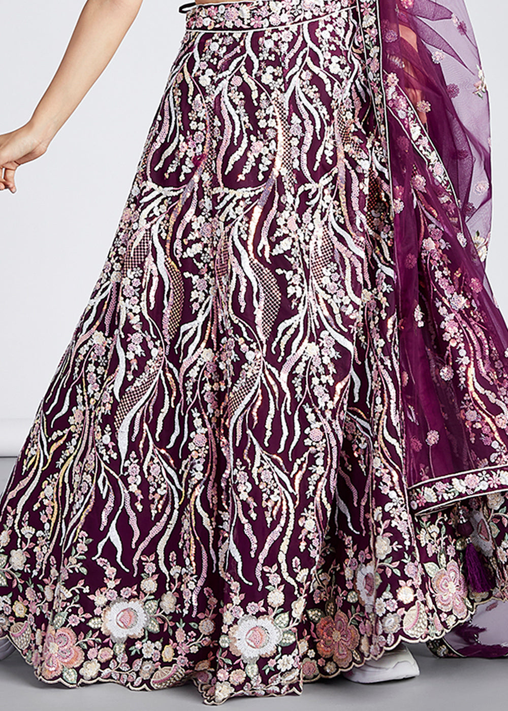 Burgundy Purple Net Lehenga Choli Highlighted with Sequins & Thread Embroidery