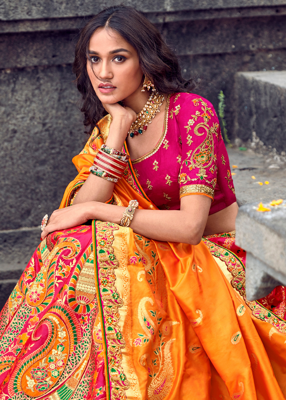 Rani Pink & Mustard Banarasi Silk Lehenga