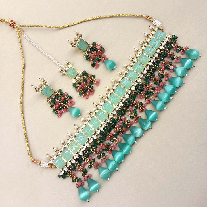 Aafizah Mint Green & Pink Gold Plated Choker Kundan Set