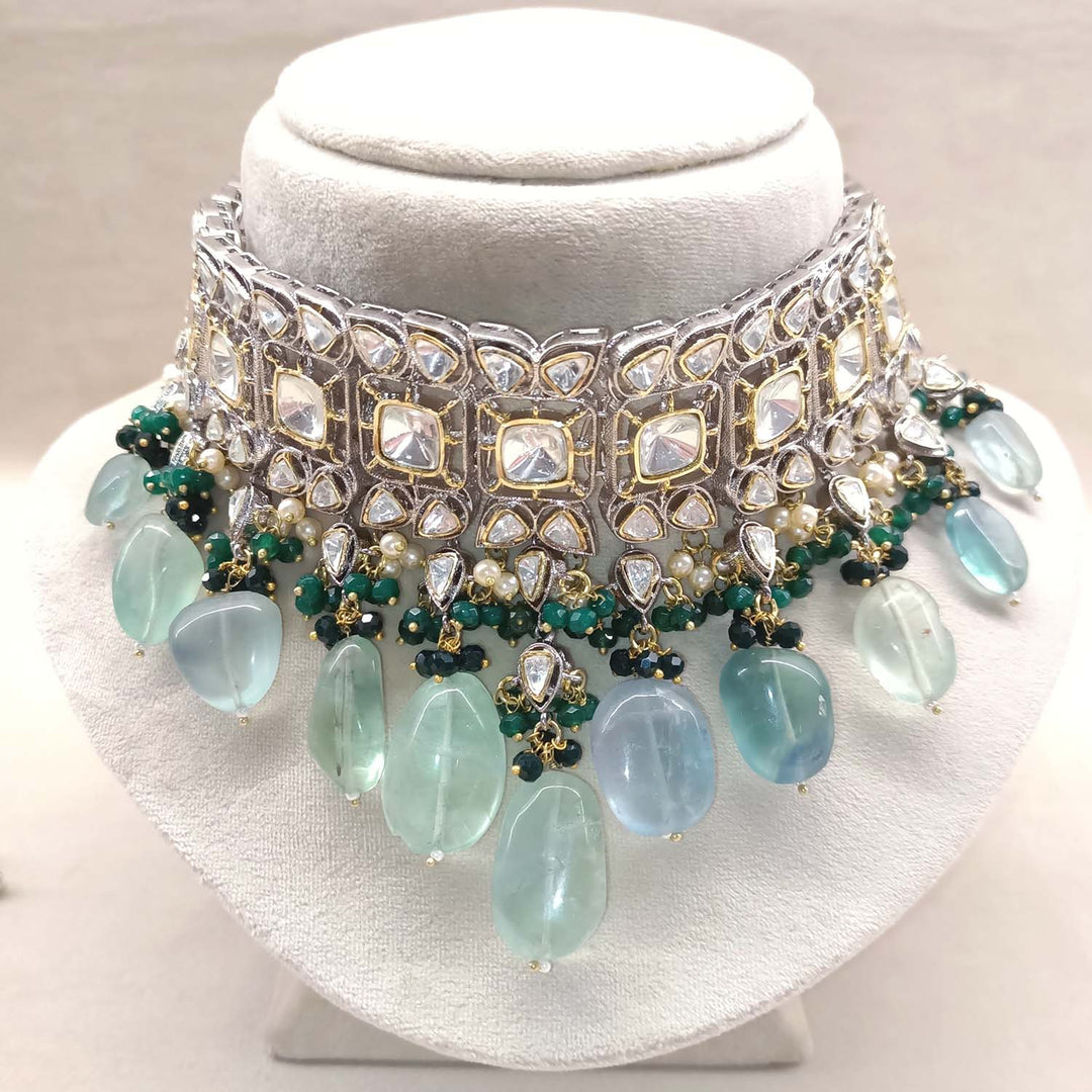 Bushra Mint Green Rhodium Plated Victorian Necklace Set