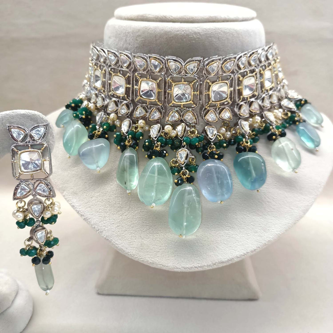 Bushra Mint Green Rhodium Plated Victorian Necklace Set