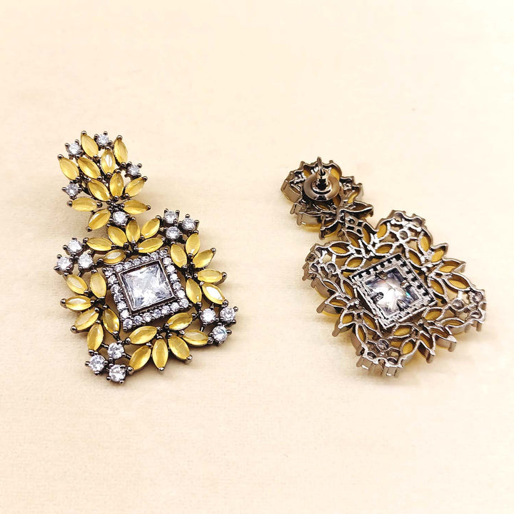 Charulata Diamond Work Rhodium Plated Mustard Yellow Victorian Earrings