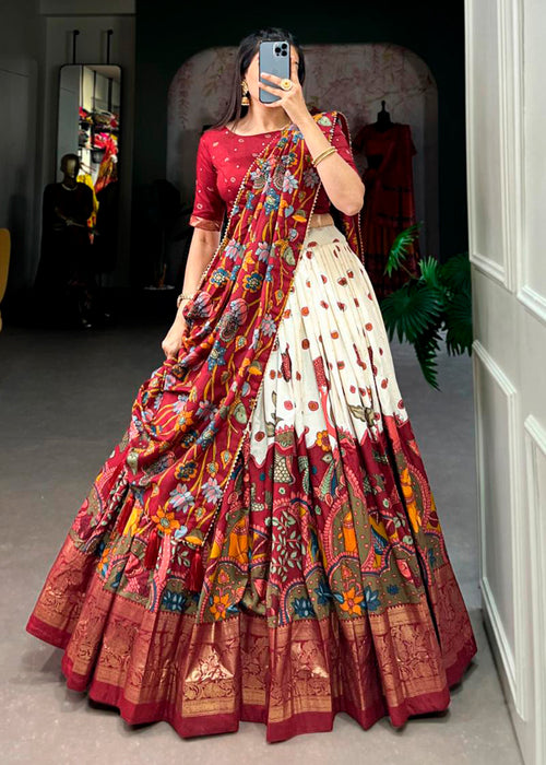 Auburn Brown Kalamkari Printed Tussar Silk Lehenga Choli